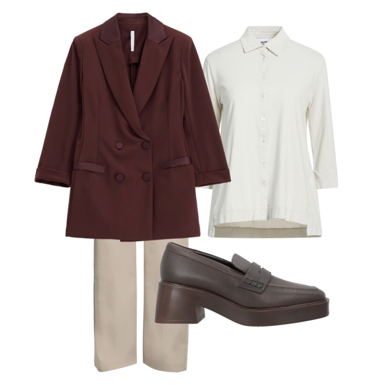 Outfit donna - Classica fine e elegante. Stile Mannish per Ufficio. Abbinamento con pantaloni, mocassini, camicie, blazer.