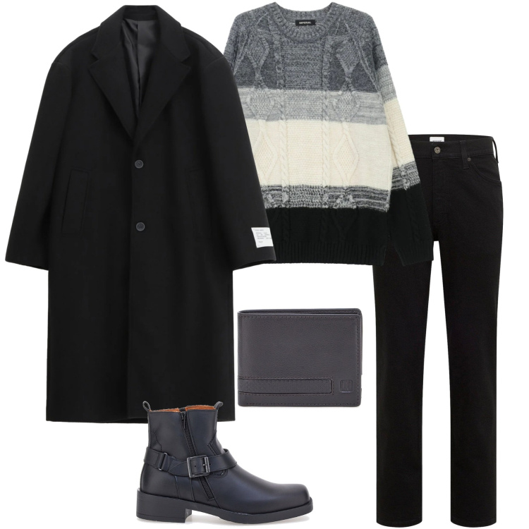 Outfit uomo - Gennaio senza fretta. Stile Urban per Ufficio. Abbinamento con jeans dritti, cappotti, maglieria, portafogli, stivali e stivaletti.