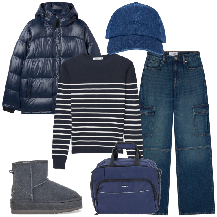 Outfit donna - Total look #2324189. Stile Casual per Tutti i giorni. Abbinamento con maglieria, jeans, bomber, cappelli con visiera, stivaletti, zaini.