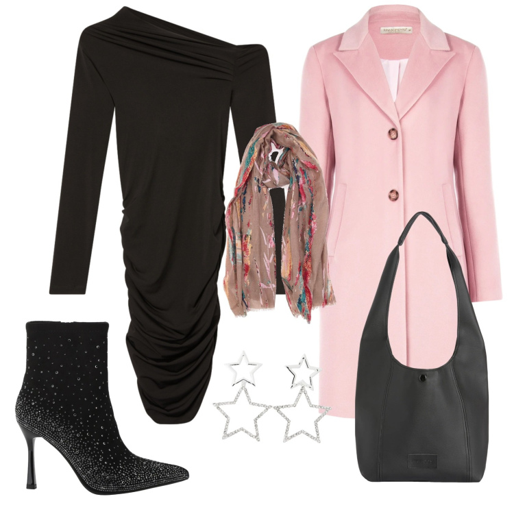 Outfit donna - Total look #2324190. Stile Chic per Serata fuori. Abbinamento con vestiti asimmetrici, orecchini, stivaletti, borse a spalla, cappotti, foulard.