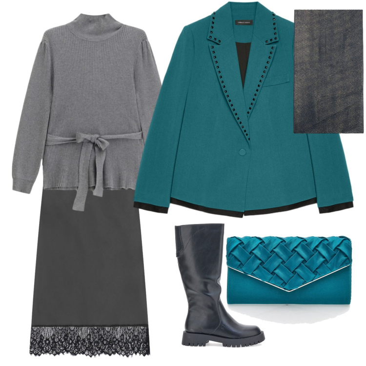 Outfit donna - Blu petrolio. Stile Chic per Serata fuori. Abbinamento con maglieria, gonne longuette, borse a tracolla, stivali, blazer, stole.
