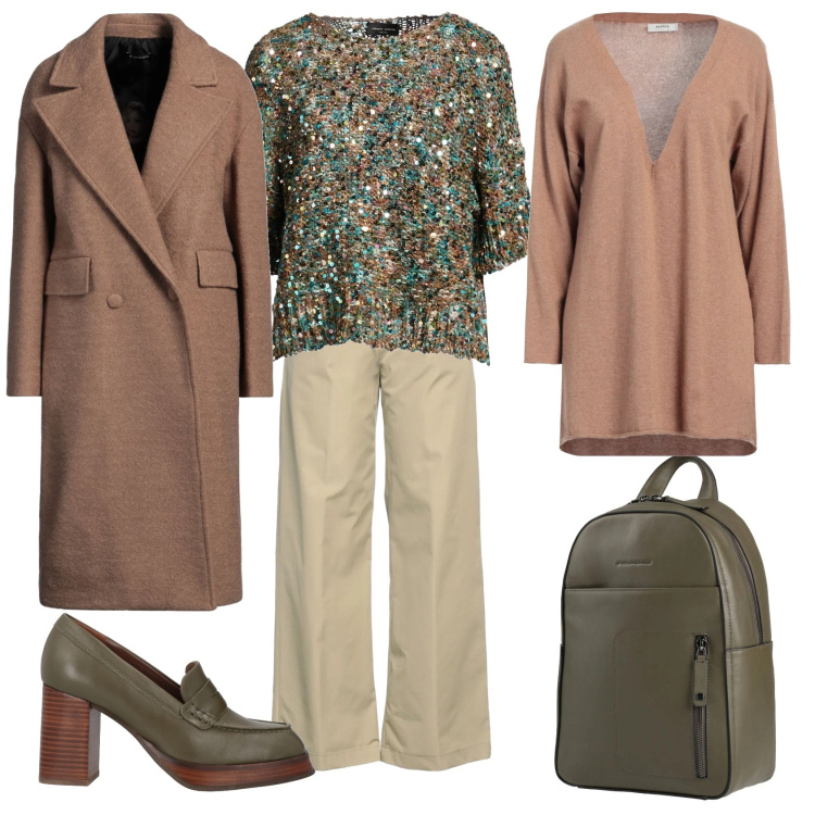 Outfit donna - Total look #2324203. Stile Casual chic per Ufficio. Abbinamento con pullovers, mocassini, zaini, cappotti, pullovers, pantaloni.