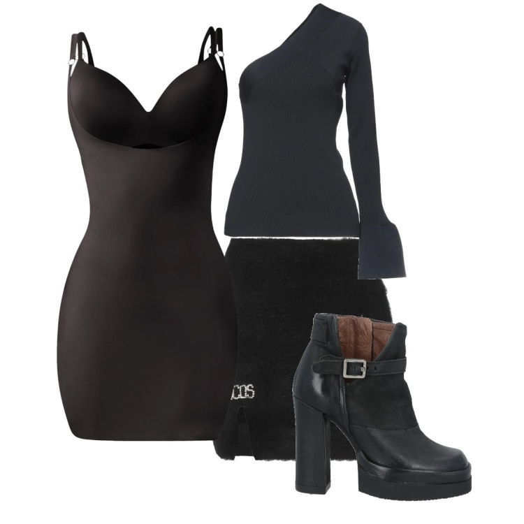 Outfit donna - Black on black. Stile Glamour per Serata fuori. Abbinamento con minigonne, pullovers, stivaletti, sottovesti.