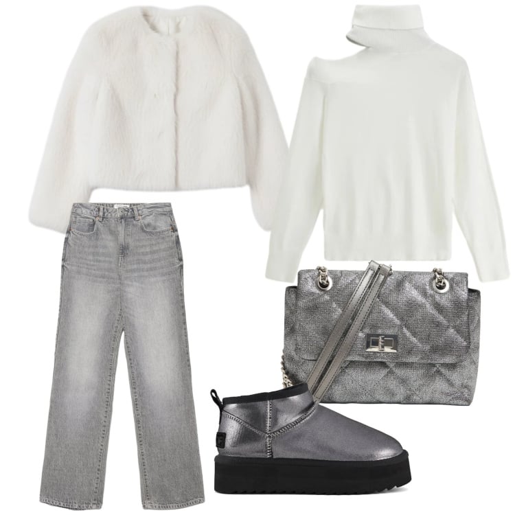 Outfit donna - Colori di ghiaccio. Stile Casual per Tutti i giorni. Abbinamento con borse a tracolla, jeans dritti, maglieria, ecopellicce, stivaletti.