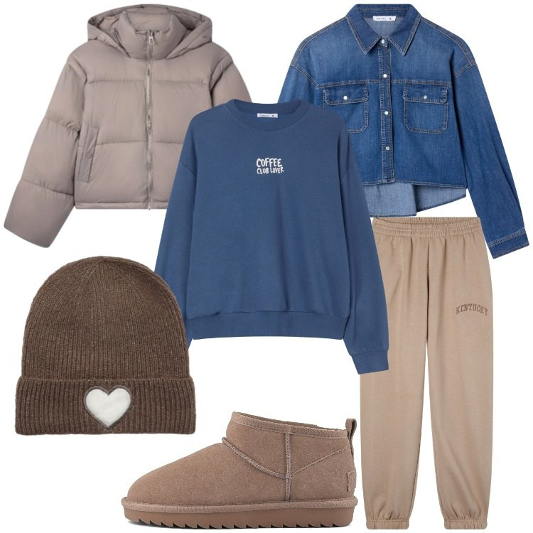 Outfit donna - Layering per i giorni più freddi. Stile Casual per Tutti i giorni. Abbinamento con felpe, pantaloni sportivi, berretti, bomber, camicie, stivali.
