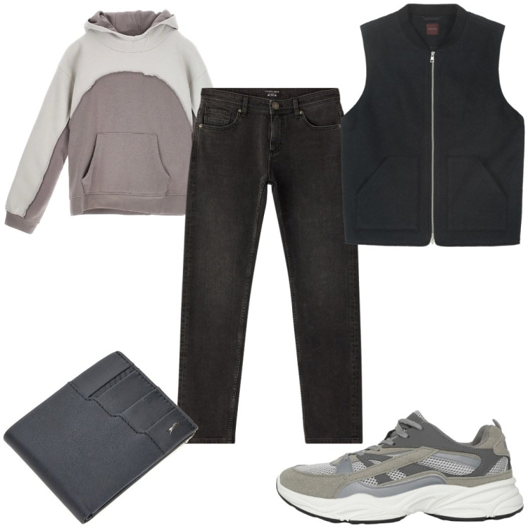 Outfit uomo - Total look #2324217. Stile Trendy per Tutti i giorni. Abbinamento con jeans, sneakers, portafogli, felpe con cappuccio, piumini.