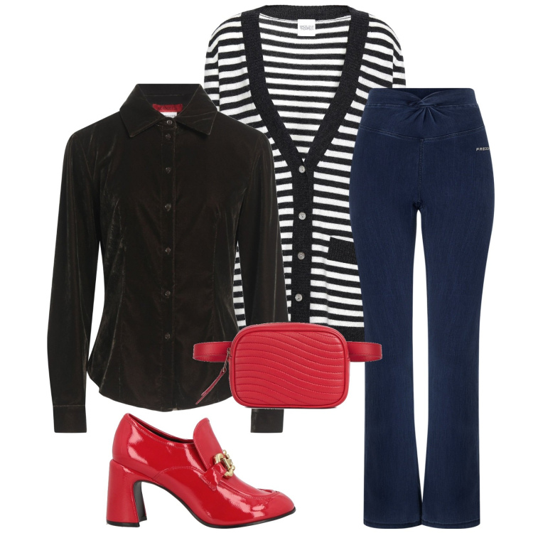 Outfit donna - Total look #2324220. Stile Chic per Tutti i giorni. Abbinamento con cardigans, camicie, mocassini, marsupi, jeggings.