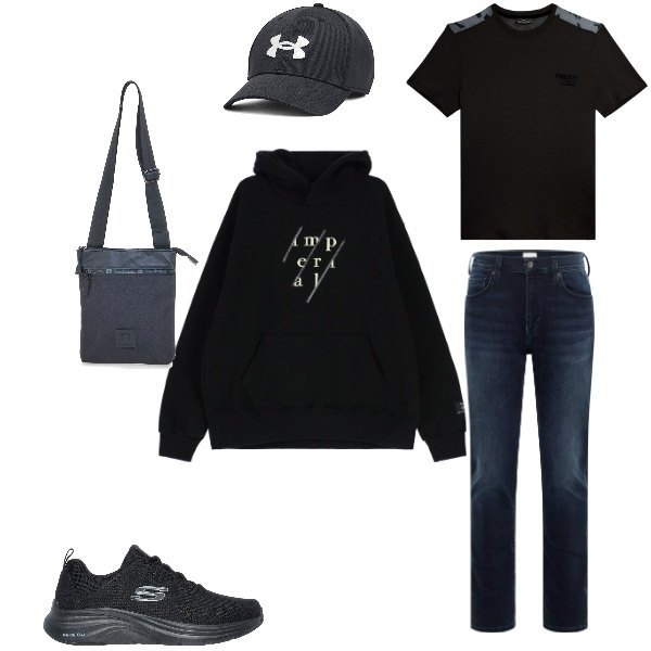 Outfit uomo - total black. Stile Casual per Tutti i giorni. Abbinamento con jeans slim fit, felpe con cappuccio, t-shirt, portafogli, sneakers, cappelli.