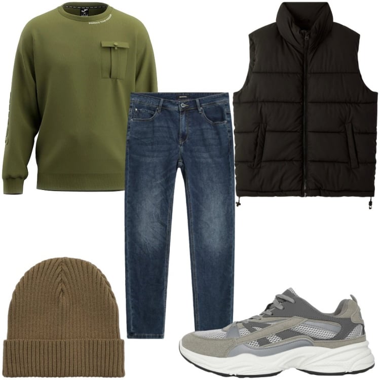 Outfit uomo - Total look #2324225. Stile Trendy per Tutti i giorni. Abbinamento con sneakers, piumini, berretti, jeans slim fit, felpe.