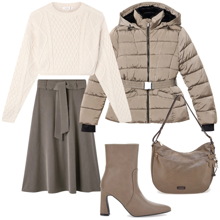 Outfit donna - Toni del beige e tortora. Stile Minimal per Tutti i giorni. Abbinamento con piumini, gonne lunghe, maglieria, borse a spalla, stivaletti.