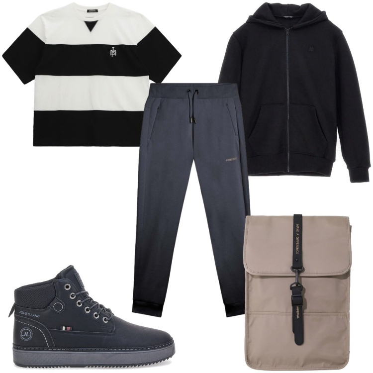 Outfit uomo - Total look #2324228. Stile Trendy per Sport. Abbinamento con t-shirt, borse sportive, pantaloni, scarpe stringate, felpe con cappuccio.