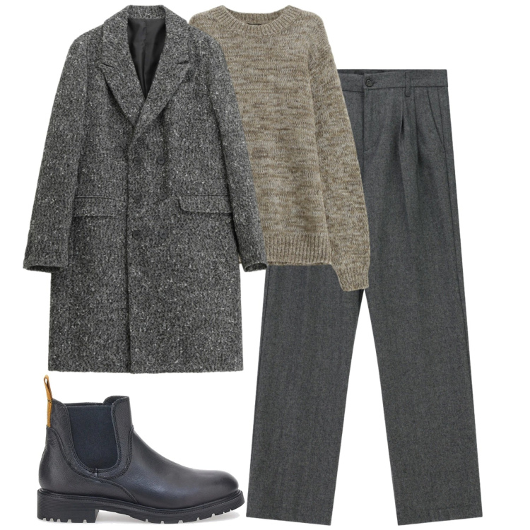 Outfit uomo - Gennaio. Stile Urban per Tutti i giorni. Abbinamento con cappotti, pantaloni, maglieria, stivali e stivaletti.