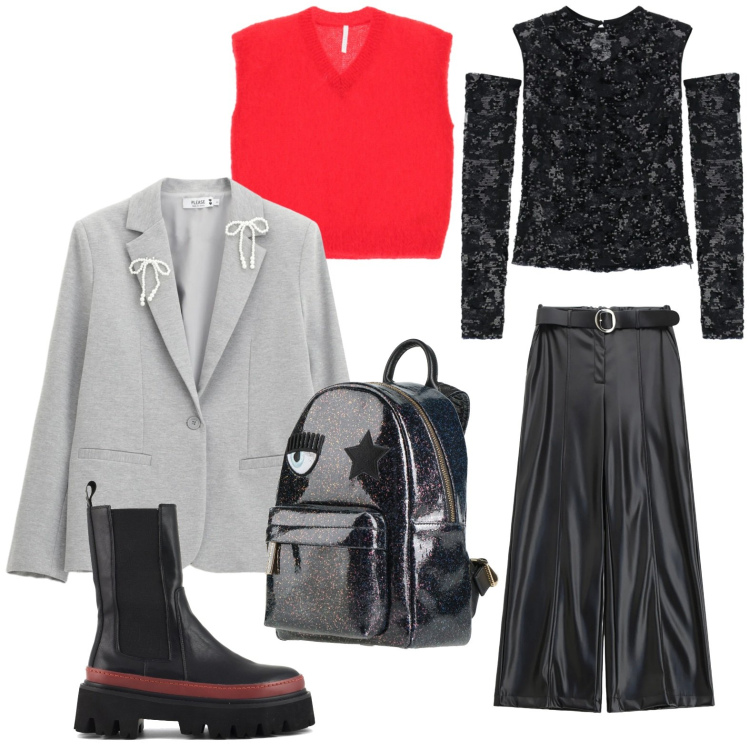 Outfit donna - Layering per i giorni più freddi. Stile Glamour per Serata fuori. Abbinamento con zaini, blazer, pantaloni, top, maglieria, stivaletti chelsea.