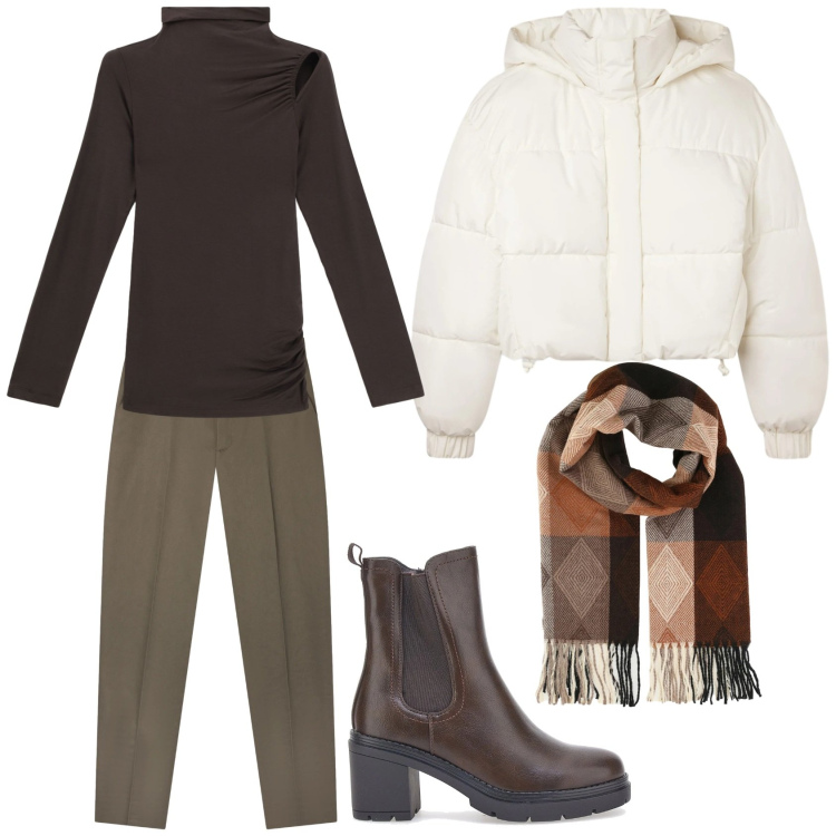 Outfit donna - Total look #2324239. Stile Casual chic Abbinamento con pantaloni chino, bomber, sciarpe, pullovers, stivaletti chelsea.