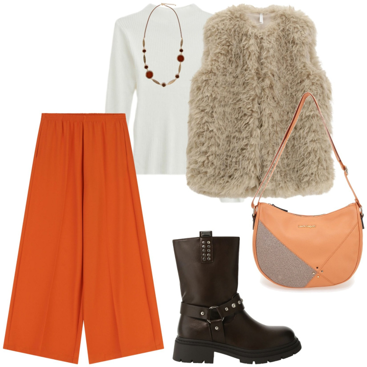 Outfit donna - Arancione. per Tutti i giorni. Abbinamento con ecopellicce, stivali, maglieria, pantaloni a palazzo, borse a tracolla, collane.