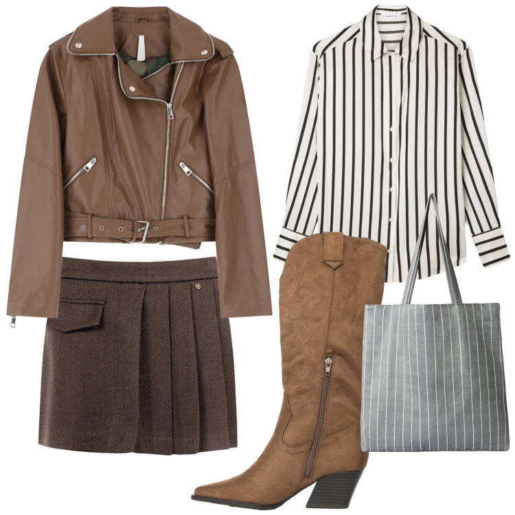 Outfit donna - Righe maschili. Stile Minimal per Tutti i giorni. Abbinamento con shopping bag, camicie, stivali, giacche, minigonne.