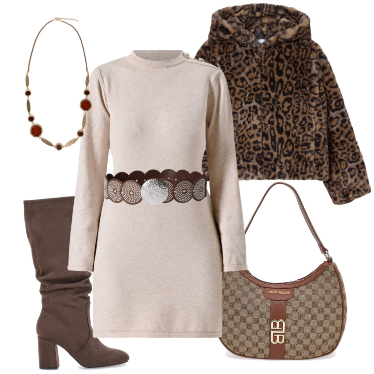 Outfit donna - Animalier. Stile Casual chic per Ufficio. Abbinamento con cinture, ecopellicce, vestiti corti, stivali sopra il ginocchio, collane, borse a spalla.