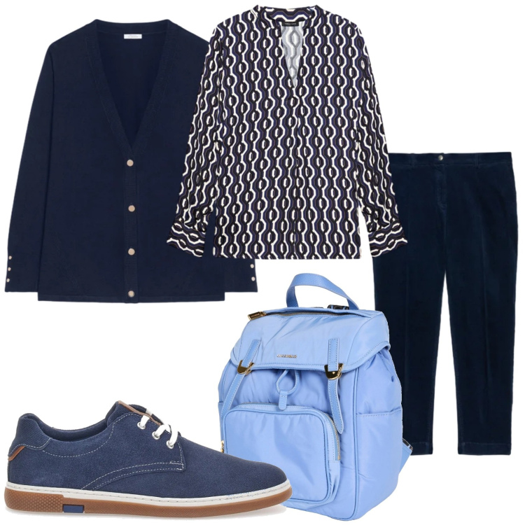 Outfit donna - La mezza stagione. Stile Trendy per Tutti i giorni. Abbinamento con zaini, cardigans, bluse, scarpe stringate, pantaloni chino.