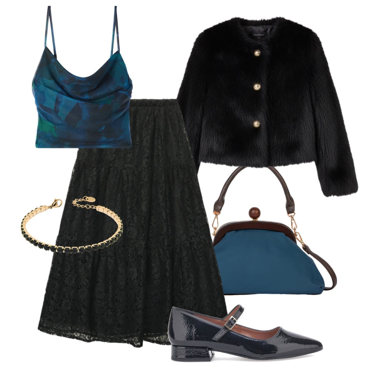 Outfit donna - Evento vintage petrolio/nero. Stile Vintage retrò per Serata fuori. Abbinamento con canottiere, gonne lunghe, braccialetti, ecopellicce, clutch, ballerine.