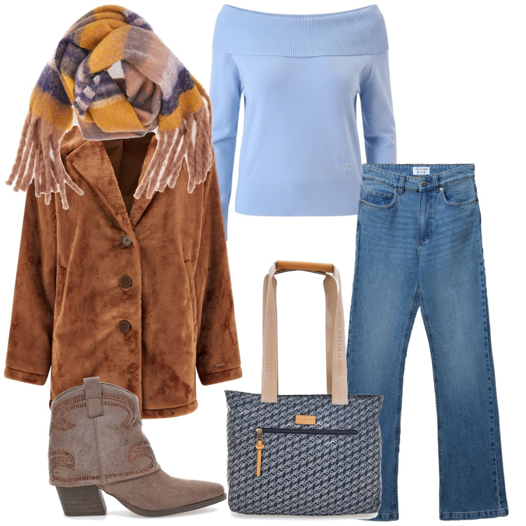 Outfit donna - Total look #2324252. Stile Casual chic per Tutti i giorni. Abbinamento con pullovers, jeans bootcut, cappotti, stivaletti texani, sciarpe, borse a spalla.