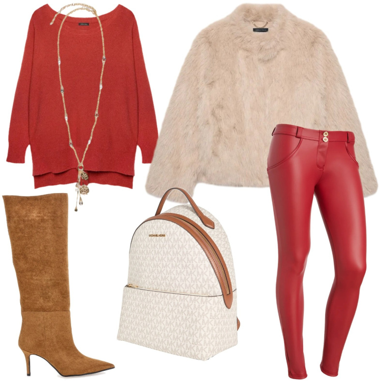 Outfit donna - Toni accesi. Stile Casual chic per Serata fuori. Abbinamento con zaini, pantaloni skinny, pullovers, ciondoli, ecopellicce, stivali.