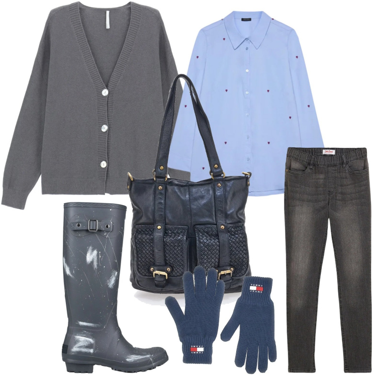 Outfit donna - Gli stivali da pioggia. Stile Minimal per Tutti i giorni. Abbinamento con jeggings, stivali di gomma, cardigans, borse a spalla, camicie, guanti.
