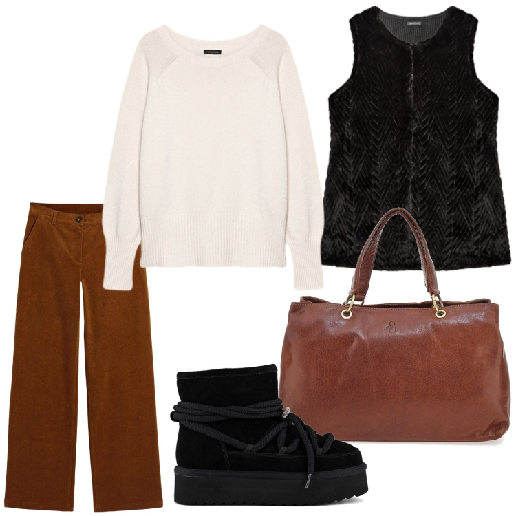 Outfit donna - Il gilet perfetto. Stile Minimal per Tutti i giorni. Abbinamento con pantaloni, maglieria, borse a tracolla, stivaletti, maglieria.