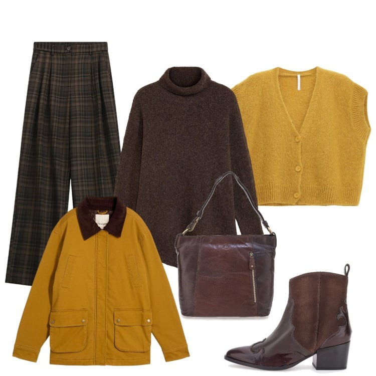 Outfit donna - Layering marrone e ocra. Stile Casual chic per Tutti i giorni. Abbinamento con maglieria, parka, pantaloni a palazzo, cardigans, stivaletti texani, borse a spalla.
