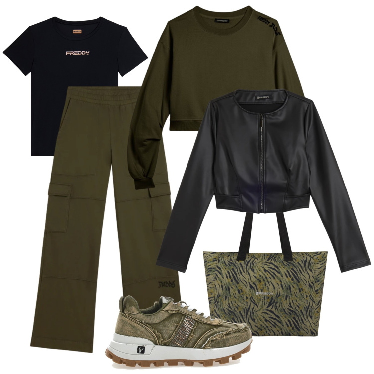 Outfit donna - Saldi Freddy. Stile Casual per Tutti i giorni. Abbinamento con pantaloni cargo, shopping bag, giacche, felpe, t-shirt sportive, sneakers.