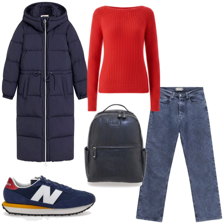 Outfit donna - Street style. Stile Urban per Tutti i giorni. Abbinamento con piumini, jeans dritti, pullovers, sneakers, zaini.