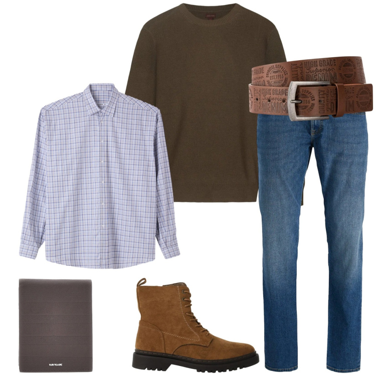 Outfit uomo - Total look #2324277. Stile Urban per Ufficio. Abbinamento con cinture, jeans, camicie, anfibi, portafogli, maglieria.