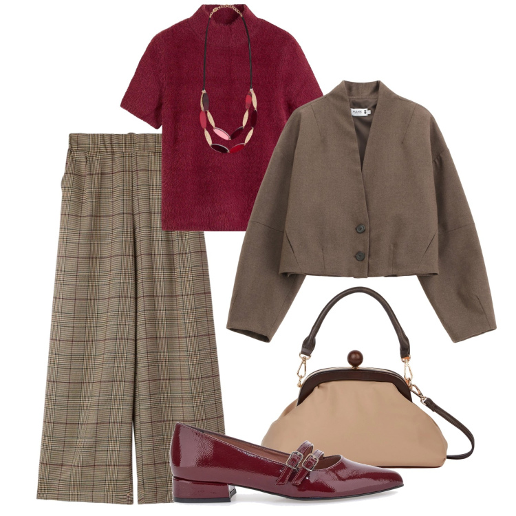 Outfit donna - Saldi ufficio/aperitivo. Stile Glamour per Ufficio. Abbinamento con maglieria, pantaloni, blazer, clutch, ballerine, collane.