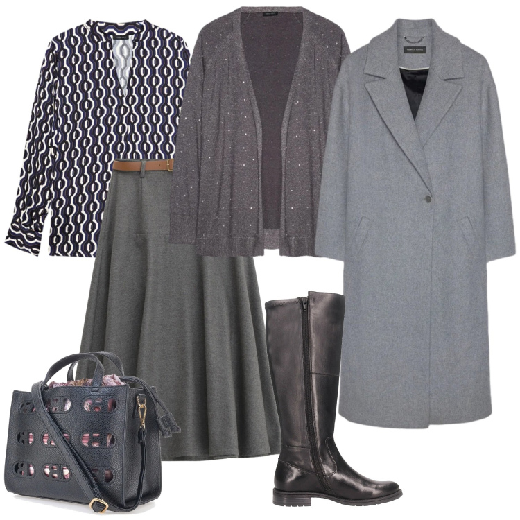 Outfit donna - Total look #2324282. Stile Casual chic per Ufficio. Abbinamento con gonne lunghe, stivali, cappotti, borse a mano, cardigans, bluse.