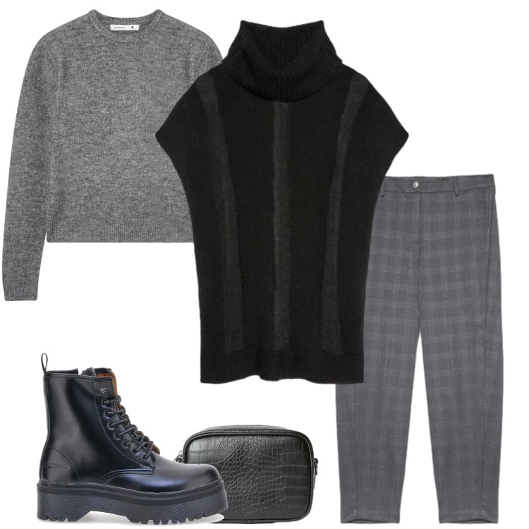 Outfit donna - Grigio e nero. Stile Casual chic per Tutti i giorni. Abbinamento con maglieria, pantaloni, anfibi, gilet, borse a tracolla.