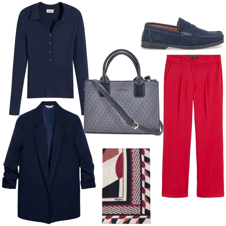 Outfit donna - Rosso colore vincente. Stile Casual chic per Tutti i giorni. Abbinamento con pantaloni, maglieria, blazer, borse a tracolla, foulard, mocassini.