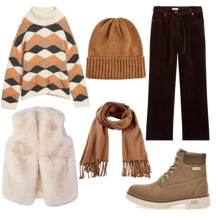 Outfit donna - Total look #2324290. Stile Casual per Tutti i giorni. Abbinamento con sciarpe, maglieria, pantaloni, berretti, piumini, anfibi.