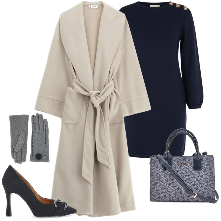 Outfit donna - In città. Stile Urban per Ufficio. Abbinamento con cappotti, vestiti a tubino, borse a tracolla, décolleté, guanti.