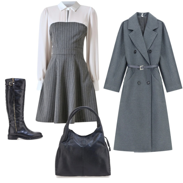 Outfit donna - Total look #2324292. Stile Chic per Ufficio. Abbinamento con cappotti, vestiti corti, stivali, borse a mano.