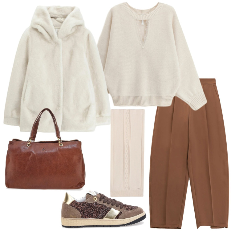 Outfit donna - Commissioni. Stile Casual chic per Tutti i giorni. Abbinamento con pantaloni, ecopellicce, maglieria, sciarpe, sneakers, borse a tracolla.
