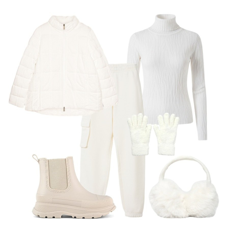 Outfit donna - 50 sfumature di bianco. Abbinamento con cappelli, pantaloni, guanti, maglieria, piumini, stivali.