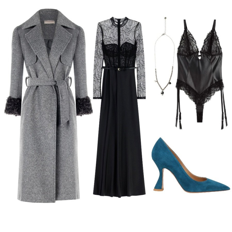 Outfit donna - A teatro. Abbinamento con body, décolleté, vestiti lunghi, ciondoli, cappotti.