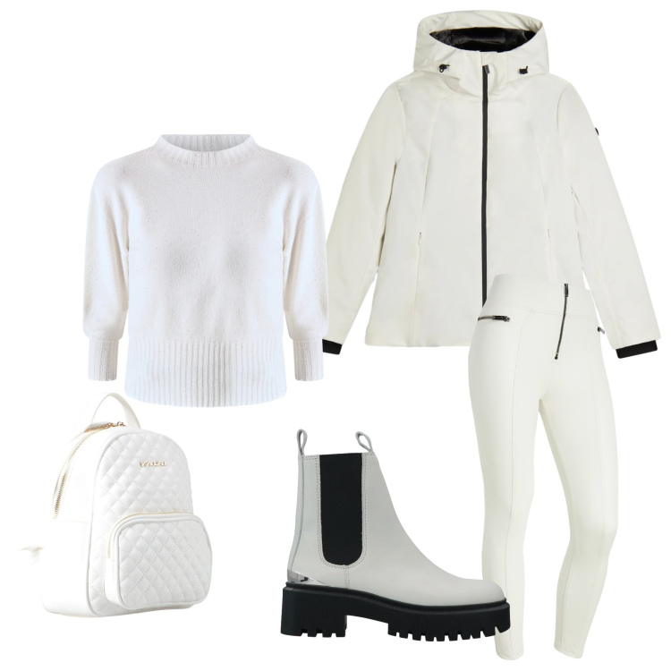 Outfit donna - Total white. Stile Casual per Tutti i giorni. Abbinamento con stivaletti, zaini, pantaloni skinny, bomber, maglieria.