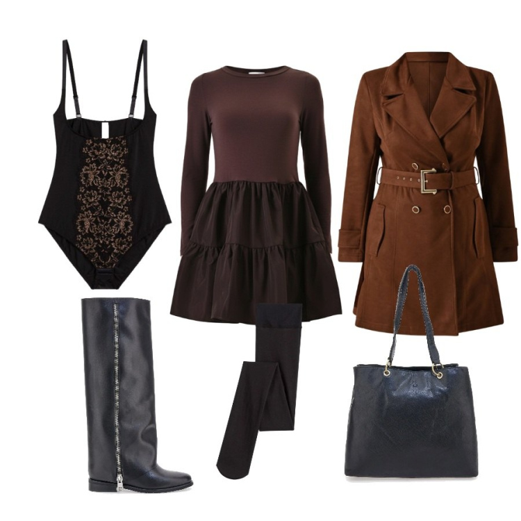 Outfit donna - Brown. Abbinamento con body, collant, vestiti corti, trench, shopping bag, stivali.