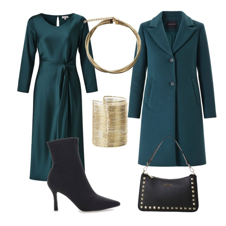 Outfit donna - Semplice eleganza. Abbinamento con pochette, braccialetti, collane, vestiti midi/longuette, cappotti, stivaletti.