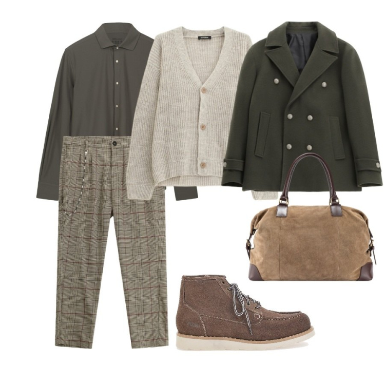 Outfit uomo - Total look #2324309. Abbinamento con cappotti, pantaloni, cardigans, stivali e stivaletti, borse sportive, camicie.