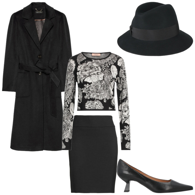 Outfit donna - Donna chic. Stile Chic per Serata fuori. Abbinamento con cappelli, minigonne, pullovers, décolleté, cappotti.