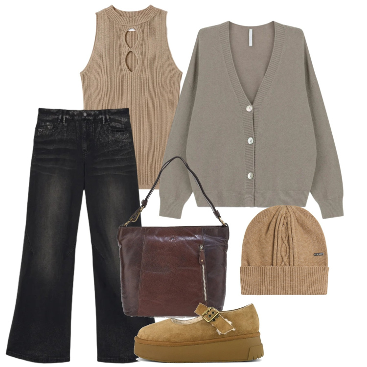 Outfit donna - Gennaio. Stile Casual per Tutti i giorni. Abbinamento con cardigans, berretti, top, décolleté, jeans, borse a spalla.