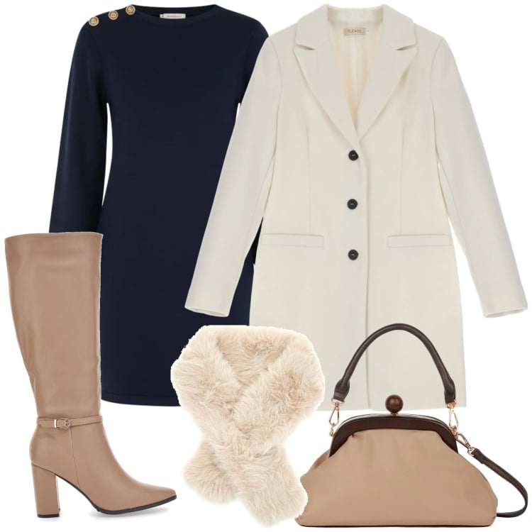 Outfit donna - Il mini vestito. Stile Casual chic per Ufficio. Abbinamento con cappotti, vestiti a tubino, clutch, stivali, sciarpe.