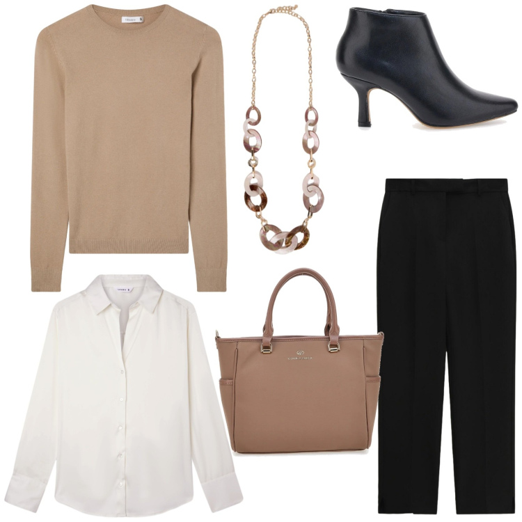 Outfit donna - Workwear. Stile Casual chic per Ufficio. Abbinamento con maglieria, camicie, pantaloni, stivaletti, borse a tracolla, collane.