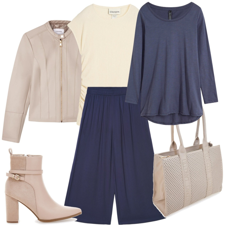 Outfit donna - Total look #2324315. Stile Casual chic per Ufficio. Abbinamento con maglieria, top, giacche, pantaloni a palazzo, stivaletti, borse a spalla.